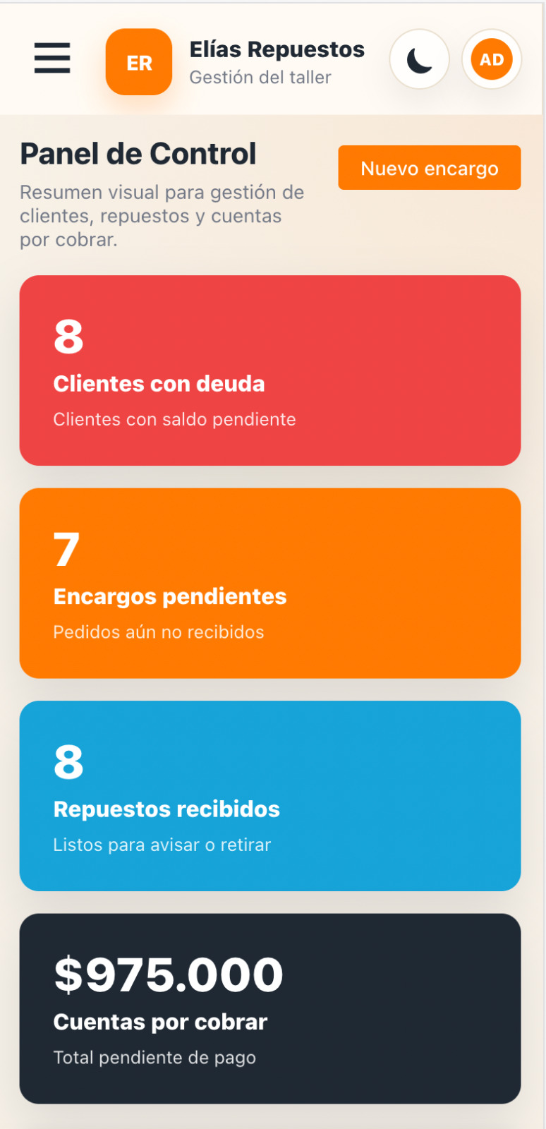 Panel de gestión de Elías Repuestos adaptado a celular